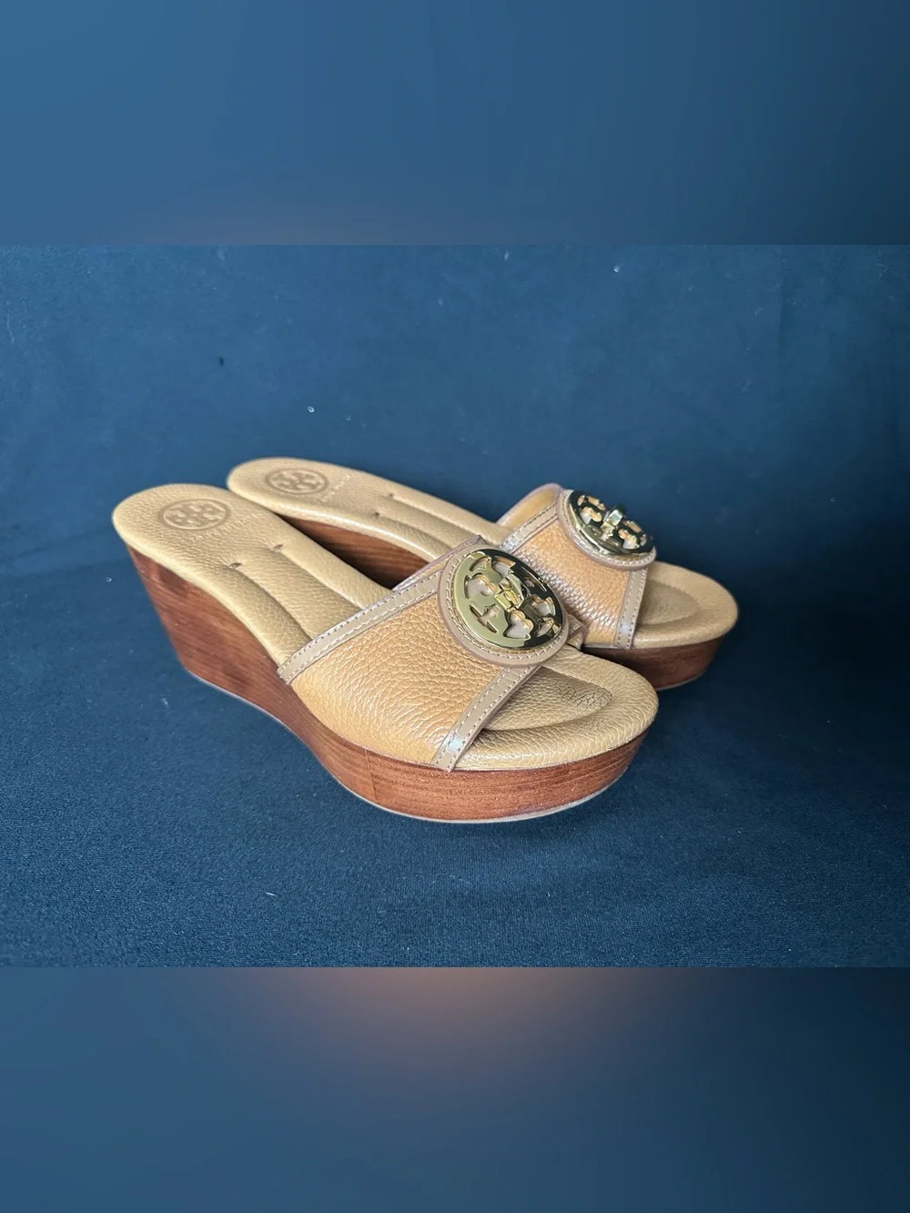 Tory Burch brown Tan Leather Brown Wedge Slide Mules with Gold Logo 8 sandals